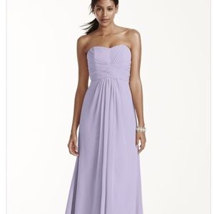 David's Bridal long strapless chiffon gown